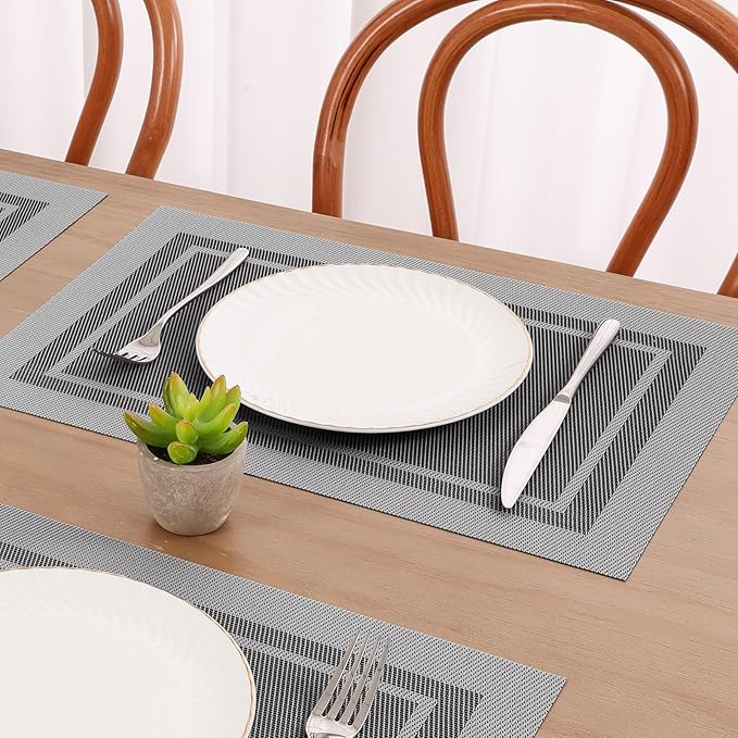 SHACOS Woven Vinyl Placemats Set of 4 Wipe Clean Place Mats for Dining Table Heat Resistant PVC Weave Table Mats Indoor Outdoor (4, Frame Grey)