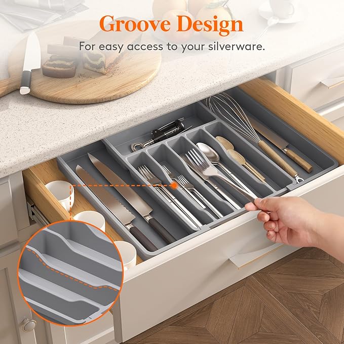 Lifewit Deep Silverware Drawer Organizer for Kitchen, Expandable Utensil Tray, Adjustable Flatware Cutlery Holder, Large Plastic Kitchen Storage for Spoons Forks Knives, 22.4 x 16.7 x 2 inches, Gray