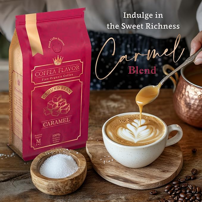 Flavored Ground Coffee – Caramel, 100% Arabica, Single Origin, Medium Roast, USDA Organic, Naturally Flavored – by Coffea Flavor