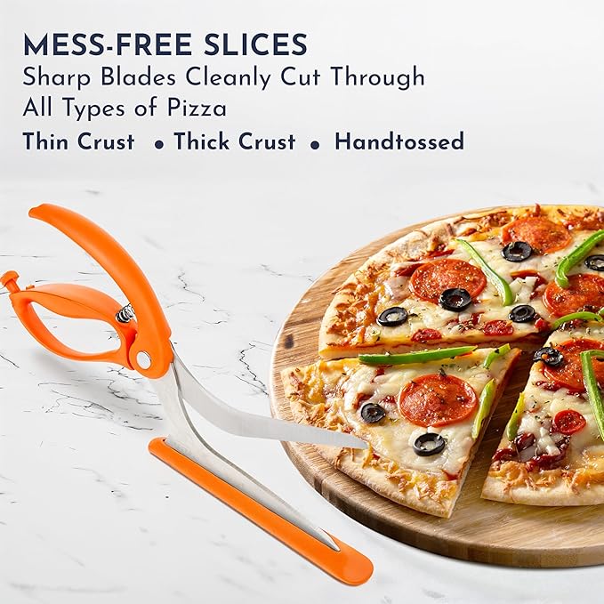 Loftern Orange Pizza Scissors - Non-Stick Pizza Scissors with Firm Grip Base - Food Grade Stainless Steel Pizza Cutter - 5-in-1 Food Slicer & Pizza Server - Durable, Safe & Mess Free