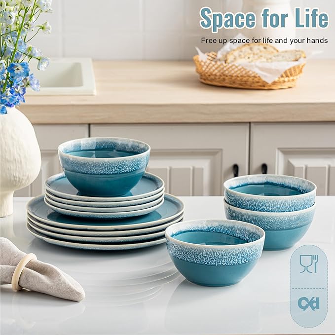 Plates and Bowls Sets, 12 Pieces Blue Dinnerware Sets for Kitchen, Reactive Glaze Dishes Set for 4, Dishwasher and Microwave Safe, Series Starflecked Shore (Blue)