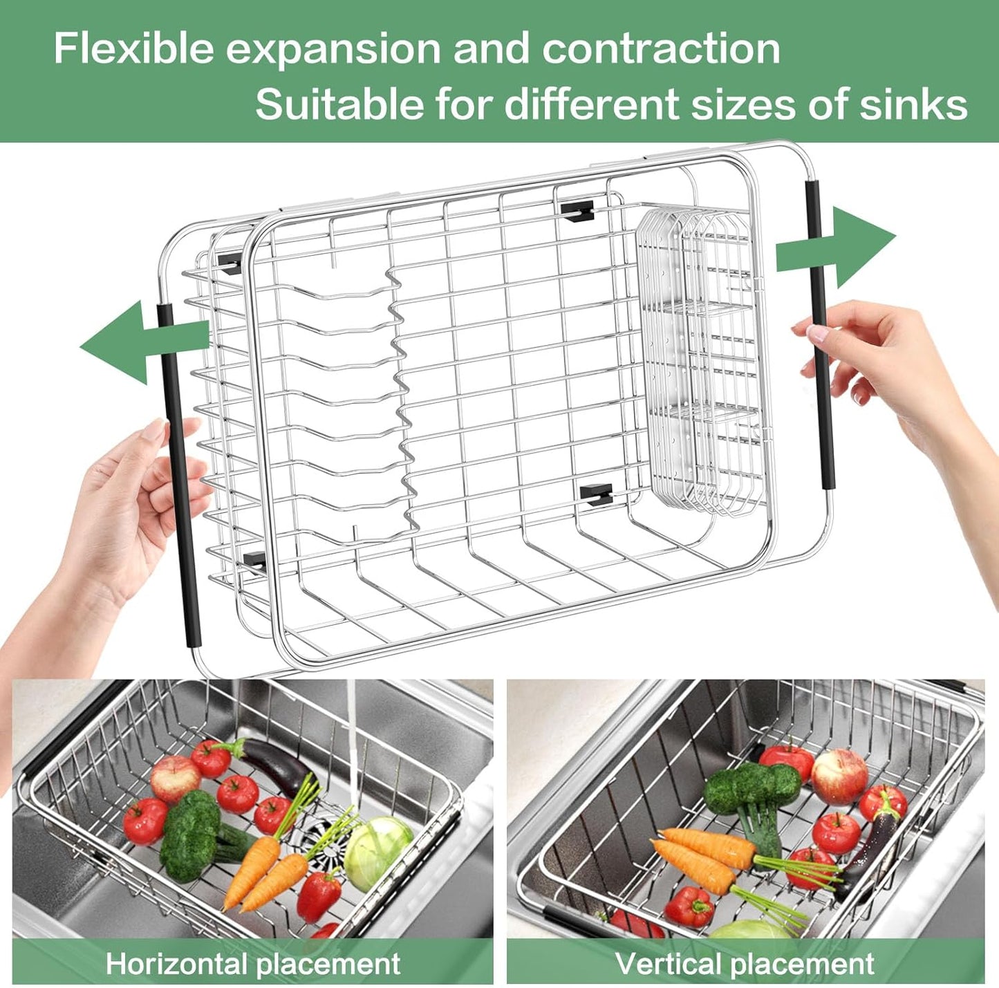 Large Dish Drainer Rack in Sink Adjustable, Expandable 304 Stainless Steel Metal Dish Drying Rack Organizer with Stainless Steel Utensil Holder Over Inside Sink Counter, Rustproof