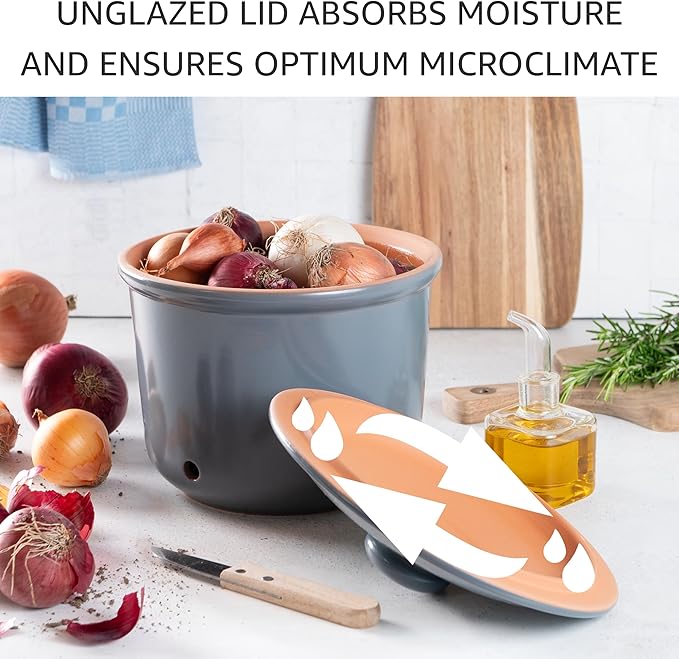 Romertopf Freshness Storage Potato Onion Garlic Clay Pot Set of 3 with Lids - Blue-gray