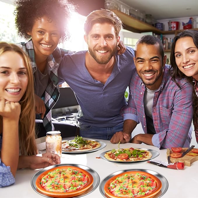 Thenshop 6 Pieces 8 Inch Pizza Pans Bulk Stainless Steel Sets Round Bakeware Pizza Trays for Oven Kitchen Baking Home Restaurant Safe Sturdy Reusable Easy Clean(Silver)