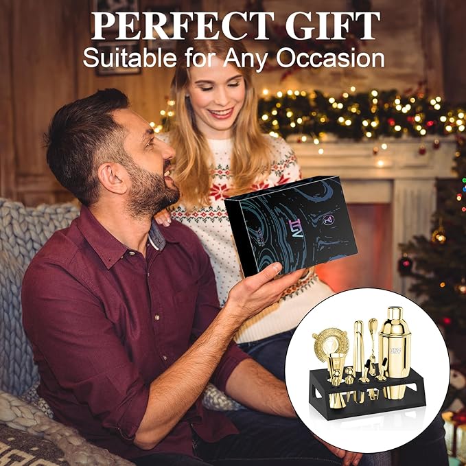 IOV Mixology Bartender Kit With Stand | 12-Piece Cocktail Shaker Set | 24oz Martini Shaker Set For Drink Mixing | Bar Set Includes All Bar Tools And Recipe Booklet | Fun Housewarming Gift (Gold)