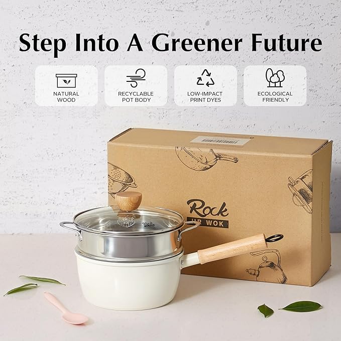 ROCKURWOK Ceramic Nonstick Sauce Pan, 3 QT Pot with Steamer, Non Toxic & PFAS-Free, Wooden Handle for Cool Touch, Universal Base(Gas, Electric & Induction), White