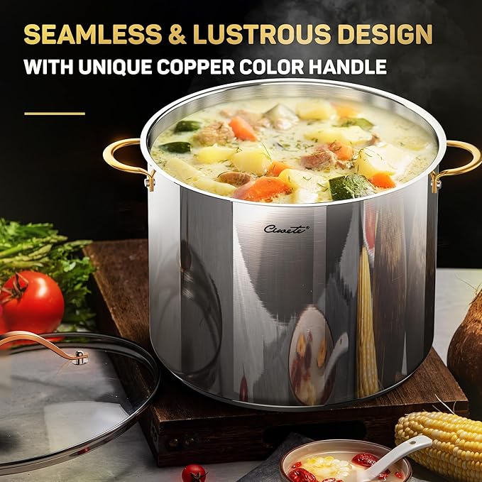 Stock Pot 20 Quart, 3 Ply Stainless Steel Stock Pot with Lid, 20 Quart Soup Pot with Copper Handle, Healthy Stockpots, Induction, Oven, Gas and Dishwasher Safe