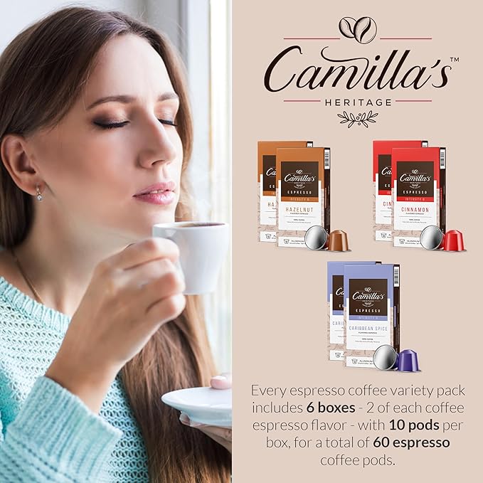 Camilla’s Heritage - Intensity 8 Flavored Espresso Coffee Spiced Variety Pack (Caribbean Spice, Cinnamon & Hazelnut Espresso Cups) 60 Coffee Pods