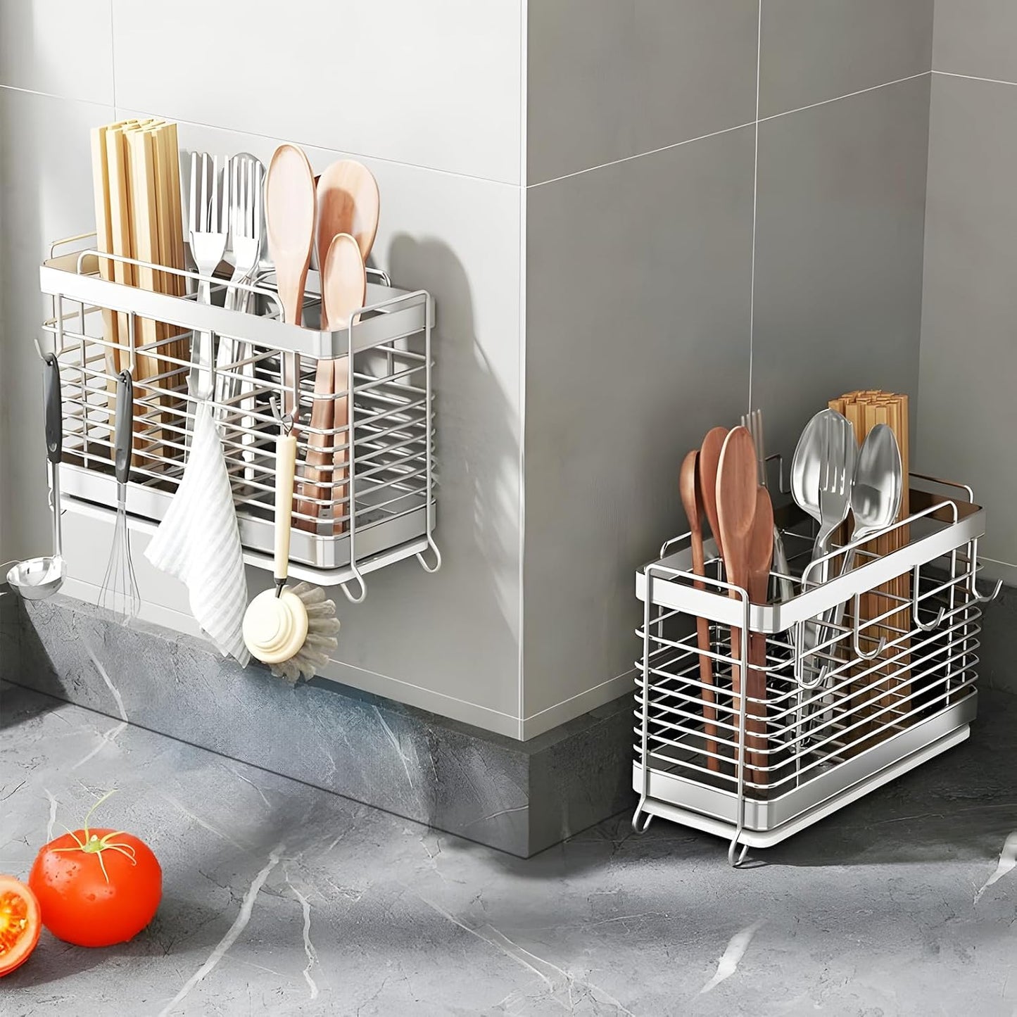Utensil Holder, Stainless Steel Utensil Drying Rack with Drain Tray, Kitchen Counter Drainer Basket Silverware Cutlery Flatware Holder Forks, Knives, Spoons, Chopsticks Organizer (Silver)
