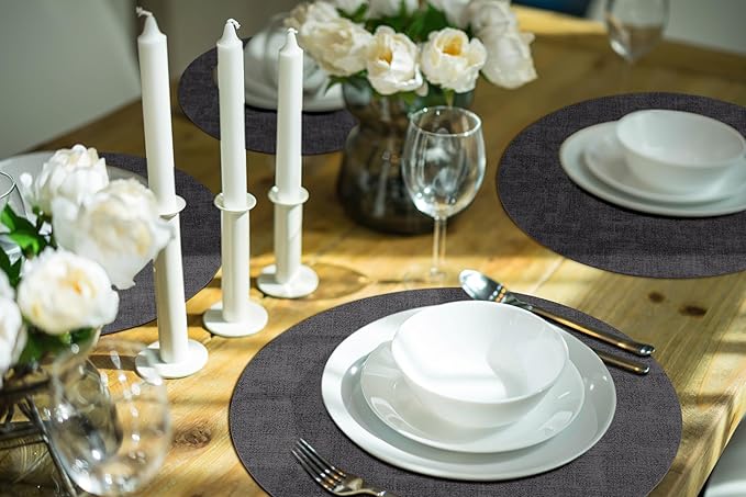 homing Round Faux Leather Placemat and Coaster 6 Packs, Washable Heat Resistant Dining Place Mats, Wipeable Double-Sided Table Mats for Indoor and Outdoor, Diameter 13 and 3.93 inch, Charcoal