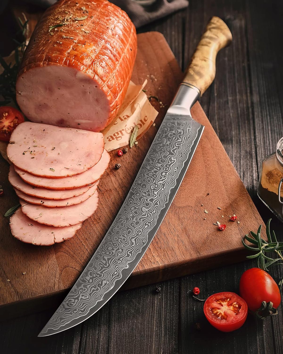 HEZHEN Slicing Knife 10 inch - Granton Carving Knives Hollow Ground Meat Knife Kitchen Long Slicer & Carver - Figured Sycamore Wood Handle - Gift Box Included - Master Series