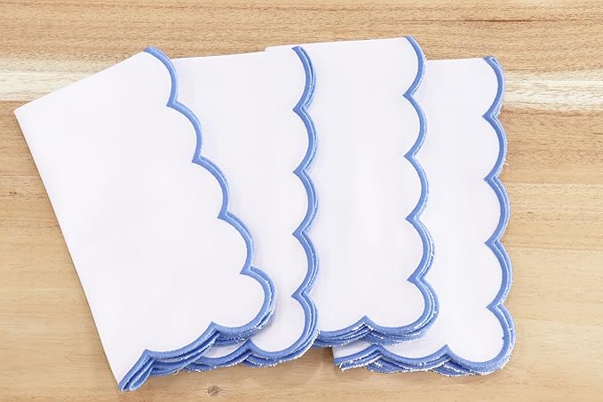PurpleEssences Scalloped Embroidery Cloth Napkins Christmas Holiday Winter Table Decor 100% Cotton Set of 4-18 x 18 inch - White - Edges - Light Blue