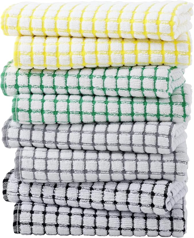 Kitinjoy Cotton 8 Pack Terry Kitchen Towels, 16 x 25 Inches Super Soft and Absorbent Dish Towels, Quick Drying Hand Towels for Kitchen Drying, Multi-Colored