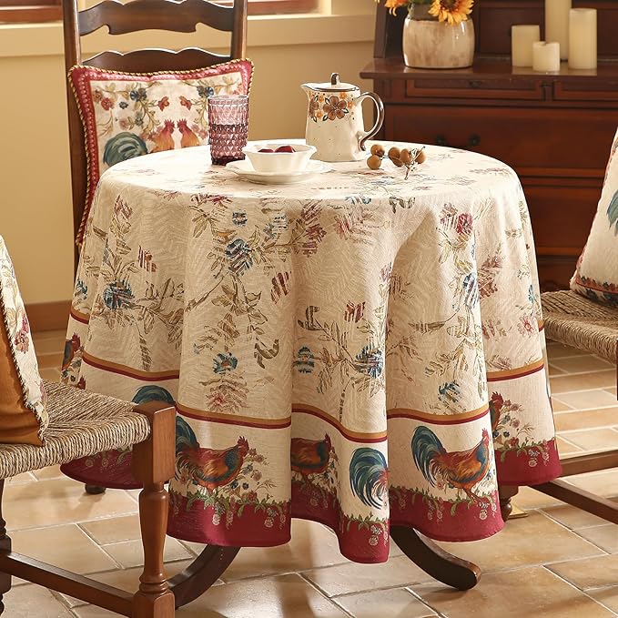 patdrea Designer Red Tablecloth for Round Tables,Vintage Linen with Animals and Flowers Pattern Tablecloths,Farmhouse Floral Table Cover Cloth Decor for Kitchen Dining Christmas,Diameter 55"