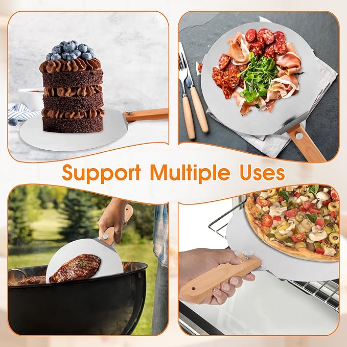 12 inch Stainless Pizza Peel for Large Oven, Pizza Spatula with Foldable Wood Handle for Indoor & Outdoor Pizza Oven Baking, Turing Peel for Pizza, Dough, Bread Pastry