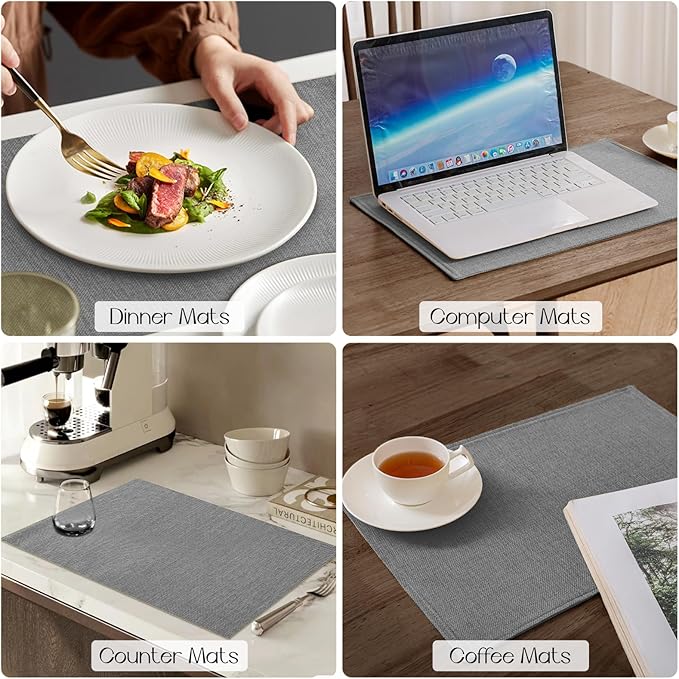 Romanstile Cloth Placemats Set of 4-12 x 18 Inch, Heat Resistant Double Layered Thickened Burlap Place Mats, Washable Faux Linen Farmhouse Table Mats for Kitchen/Dining/Party/Outdoor, Grey