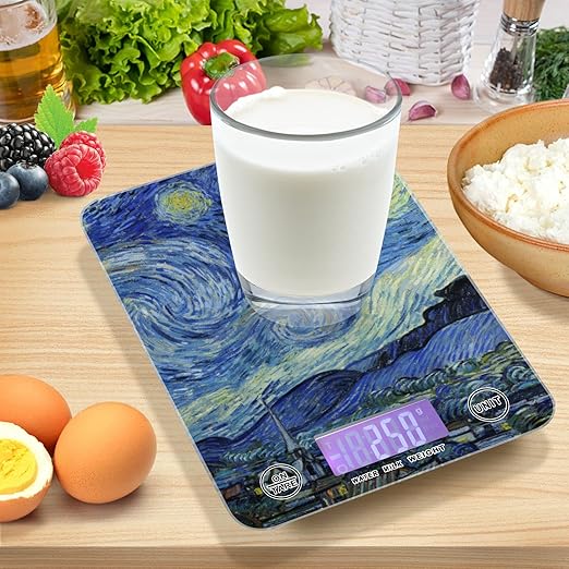 Food Scale Kitchen Digital Scale Food Ounces and Grams Dieting Baking Cooking Waterproof Glass Panels LCD Display,4 Units Scale Tare Function Vangogh Starry Night