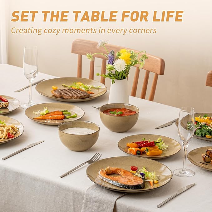 Plates and Bowls Sets, 12 Pieces Modern Stoneware Dinnerware Set for 4 Kitchen Dinner Set Ceramic Dishware Dishes Set Microwave and Dishwasher Safe (Maize Yellow)