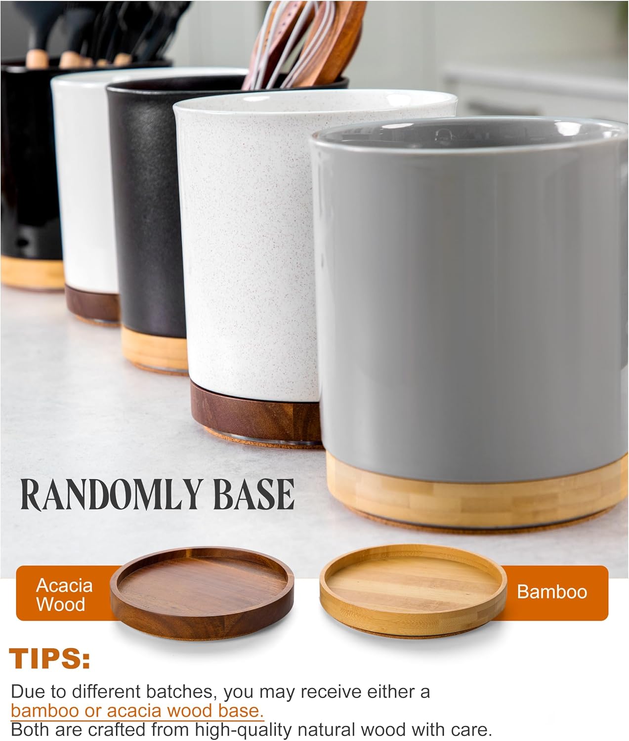 Nucookery 360° Rotating Utensil Holder, 7.2" Large Utensil Crock, White Ceramic Cooking Utensil Organizer with Countertop-Protection Cork Bottom for Farmhouse Kitchen Decor Christmas Gift (White)