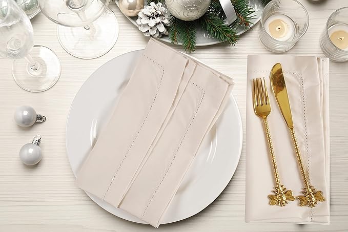 Ramanta Home Set of 12 Polyester Cloth Napkins 20x20 Inches - Hemstitched Washable Dinner Napkins for Weddings, Thanksgiving, Hotel - Soft Durable Table Linen for Parties or Everyday Use - Beige