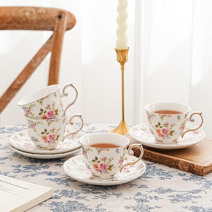 tea cups and saucers ceramic coffee mug 6oz for Coffee, Latte, Cafe Mocha and Tea-Set of 4, white with flowers