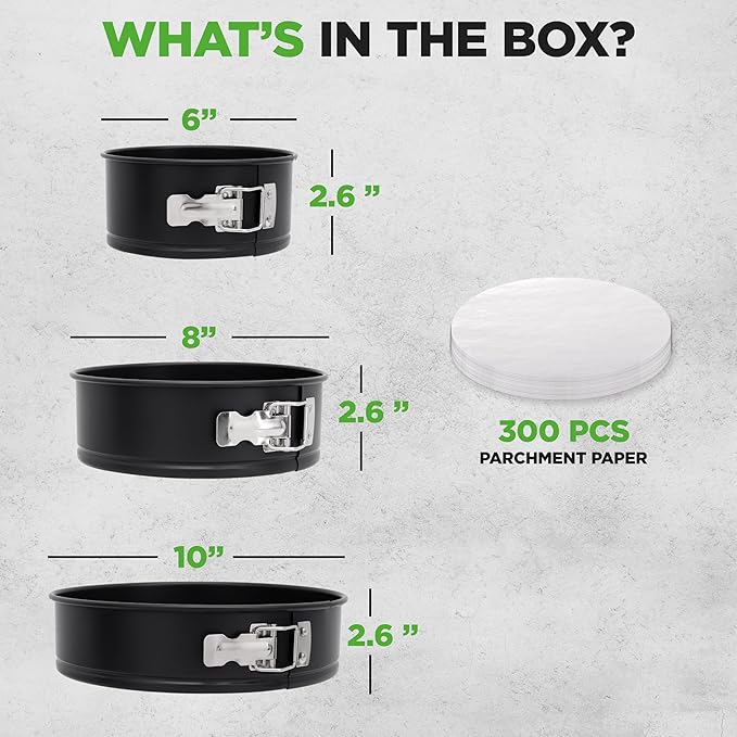 NutriChef 3-Piece Nonstick Springform Pan Set - Premium Carbon Steel Cheesecake Pans with Stainless Steel Clasp - 6", 8", 10" Sizes, Oven Safe up to 450°F - Includes 300pcs Parchment Paper (Black)