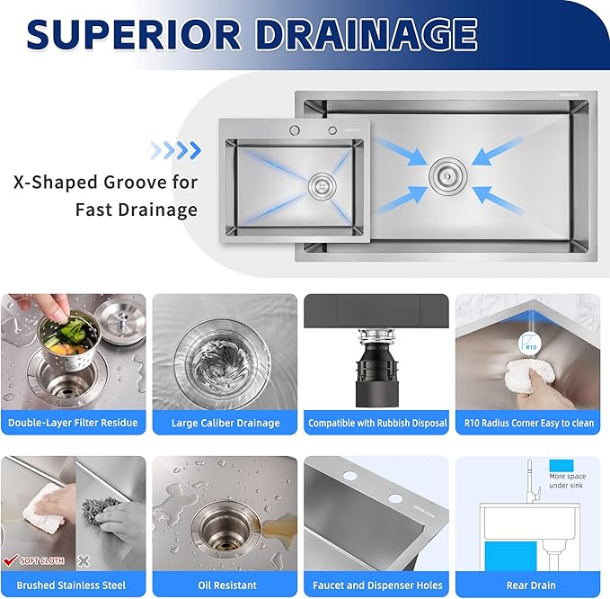 Kitchen Sink 20x16 Topmount Single Bowl Drop-in Sinks 304 Stainless Steel Handmade Home Bar Outdoor RV Sinks Brushed
