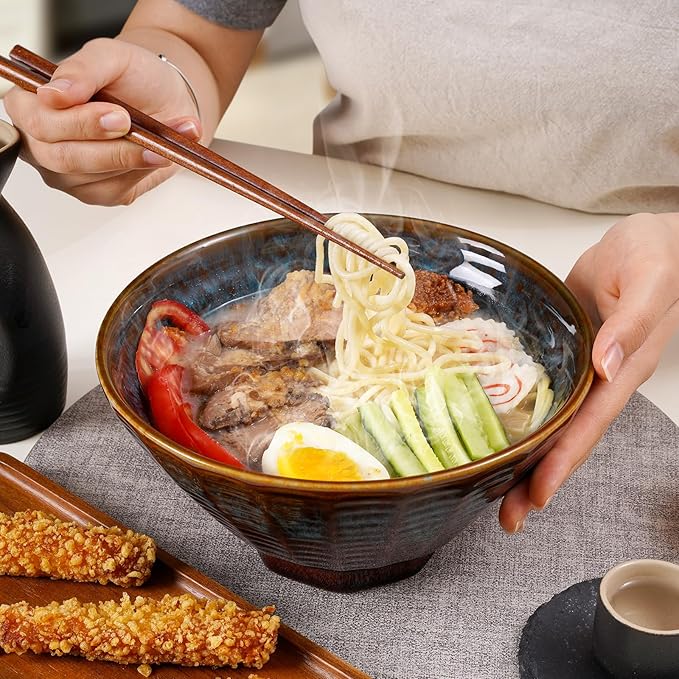 NUTRIUPS Ceramic Ramen Bowl Set of 2 Noodles Bowl with Chopsticks and Spoons, 50oz Large Ramen Bowl- Peacock Tail