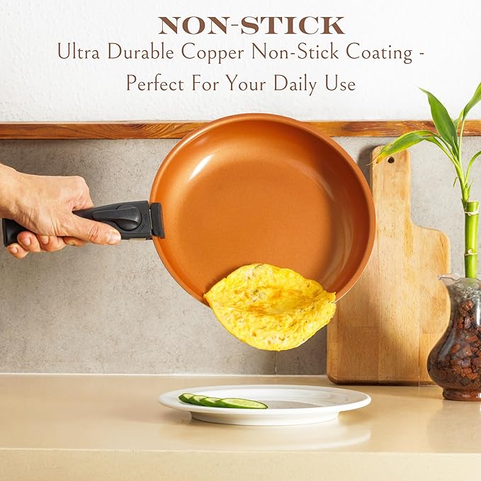 Moss & Stone Copper Pots And Pans Set Nonstick, Removable Handle Cookware, Stackable Pots And Pans Set, Dishwasher safe, Induction Pots And Pans, Camping Cookware Set, Aluminum (7 Pcs)