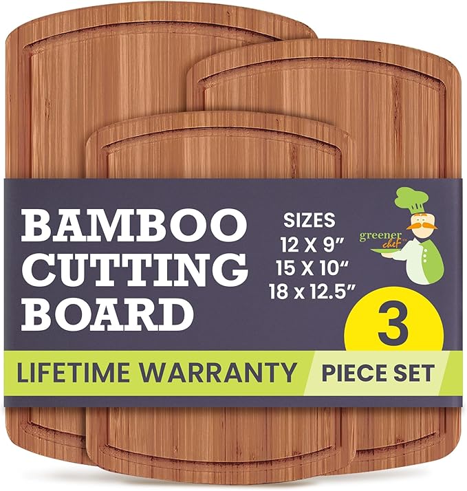 Organic Wooden Cutting Boards for Kitchen with Lifetime Replacements - 3pc Set Non Toxic Bamboo Chopping Board for Charcuterie, Meat, Vegetables and Fruits - Ideal Kitchen Gifts for Home Chefs