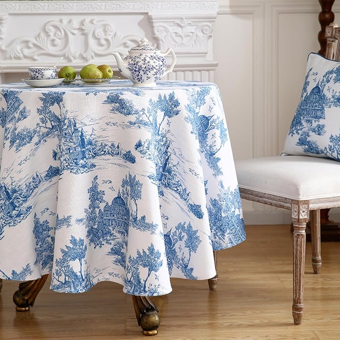 patdrea Designer Cyan Tablecloth for Round Tables,Vintage Linen with Ancient Castle and Manor Pattern Tablecloths,Elegant Table Cover Cloth Decor for Kitchen Dining Christmas,67"*67"