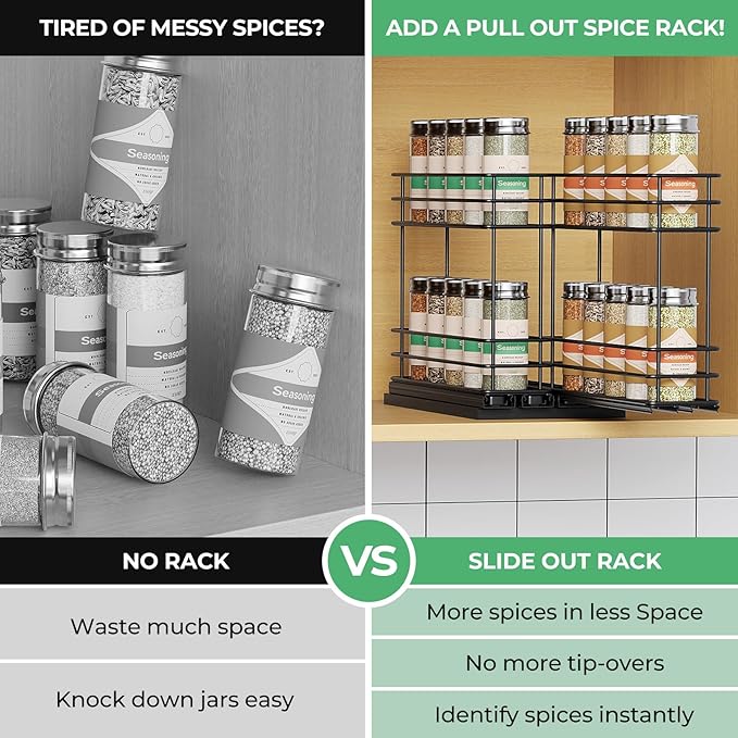 Pull Out Spice Rack Organizer for Cabinet, Slide Out Spice Racks, Easy to Install Spice Cabinet Organizer, 2.1''Wx10.35''Dx8.26''H, 2 Drawers 2 Tiers(Black)