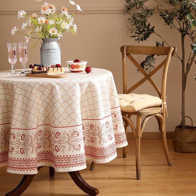 French Tablecloth for Round Tables,Floral Linen Table Cloth with Flaxen and Red Undertones,Heavy Durable Table Cover for Dining Thanksgiving Kitchen Decor Party Christmas,Diameter 67"