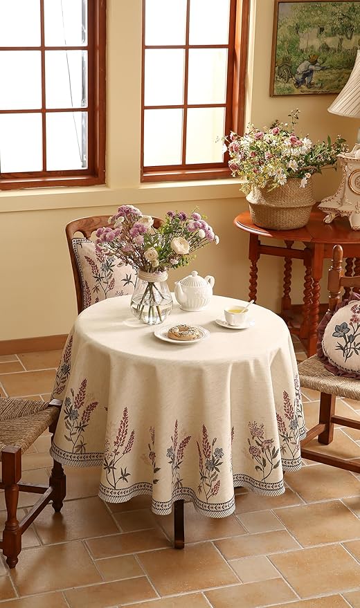 French Tablecloth for Round Tables,Linen Table Cloth with Colorful Flowers Pattern,Heavy Durable Table Cover for Dining Thanksgiving Kitchen Decor Party Christmas,Diameter 67"