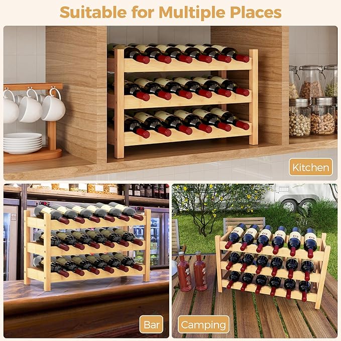 COSTWAY 3-Tier Bamboo Wine Rack, 18-Bottle Tabletop Wine Holder with Wave Slot, Freestanding Countertop Wine Bottle Organizer for Kitchen, Pantry, Pub & Wine Cellar, Natural