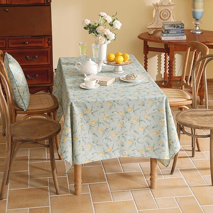 patdrea Designer Green Tablecloth for Rectangle Tables,Vintage Linen with Yellow Fruits Pattern Tablecloths,Cottage Rustic Table Cover Cloth Decor for Kitchen Dining Christmas,55"*87"