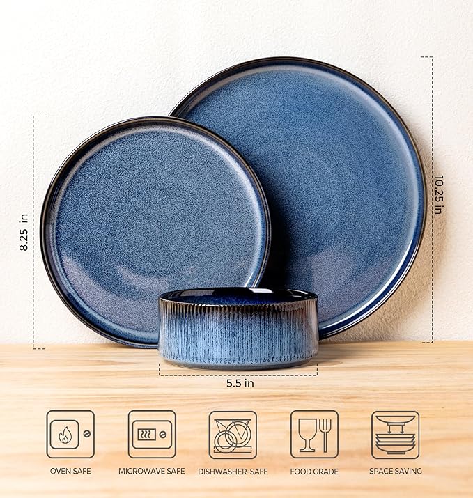 TheTerra Ceramic Dinnerware Sets for 6, 18 Pieces Porcelain Lightweight Speckled Plates and Bowls Sets, Scratch Resistant Dish Set, Oven & Microwave & Dishwasher Safe, Starry Blue