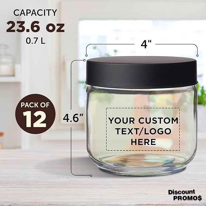 DISCOUNT PROMOS Custom Luminous 23 oz.Storage Jars Set of 12, Personalized Bulk Pack - Durable Kitchen Organization, Home Decor Essentials, Food Storage Solutions - Clear