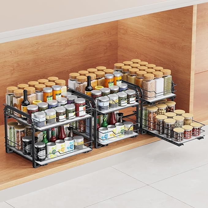 Spice Rack Organizer for Cabinet - 2-Tier Vertical Pull Out Spice Rack, Heavy Duty Metal Spice Shelf with Easy to Install Design, Fits Countertop, Cabinet & Pantry(7" W×10.5" D×9" H, Black)