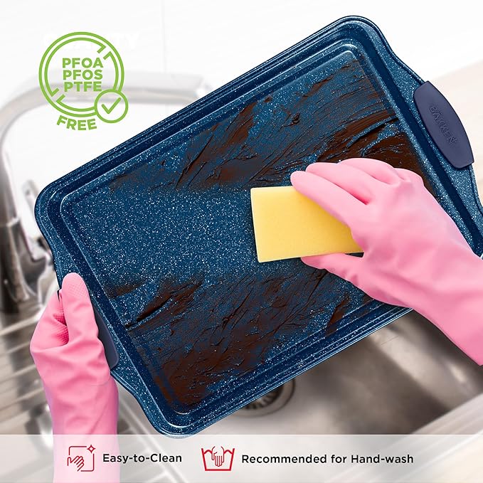 BAKKEN Kitchen Baking Pan Set - Nonstick Coating, Carbon Steel Bakeware Sets with Blue Silicone Handles, Baking Kitchen Essentials, PFOA, PFOS, PTFE Free, Oven Safe Tray (Up To 450° F), Set of 3