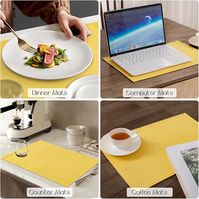 Romanstile Cloth Placemats Set of 4-12 x 18 Inch, Heat Resistant Double Layered Thickened Burlap Place Mats, Washable Faux Linen Farmhouse Table Mats for Kitchen/Dining/Party/Outdoor, Yellow