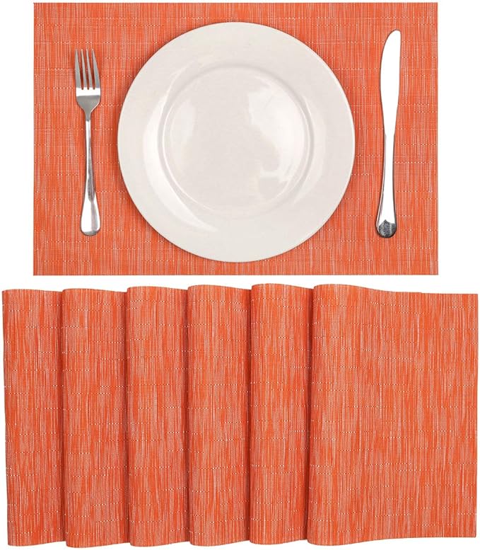 SHACOS Orange Placemats Set of 6 Woven Vinyl Place Mats for Dining Table Indoor Outdoor Wipe Clean Table Mats Thanksgiving Holiday Party Banquet Buffets Table Decor (6, Orange)
