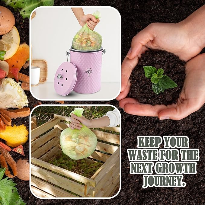 AOSION Countertop Compost Bin Kitchen,Odorless Indoor Compost Bin with Lid and Compost Bags,Compost Bucket Composter Container for Food Waste,Pink