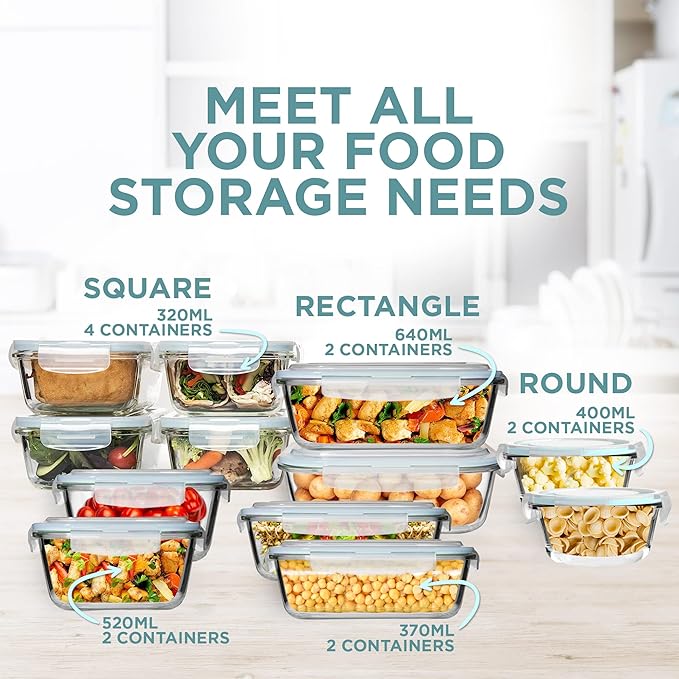 Razab 24 Pc Airtight Glass Food Storage Containers - Glass Meal Prep Containers - Freezer to Oven Safe - Steam Release Valve BPA Free - Airtight Bento Boxes - Leak Proof (12 lids & 12 Containers)