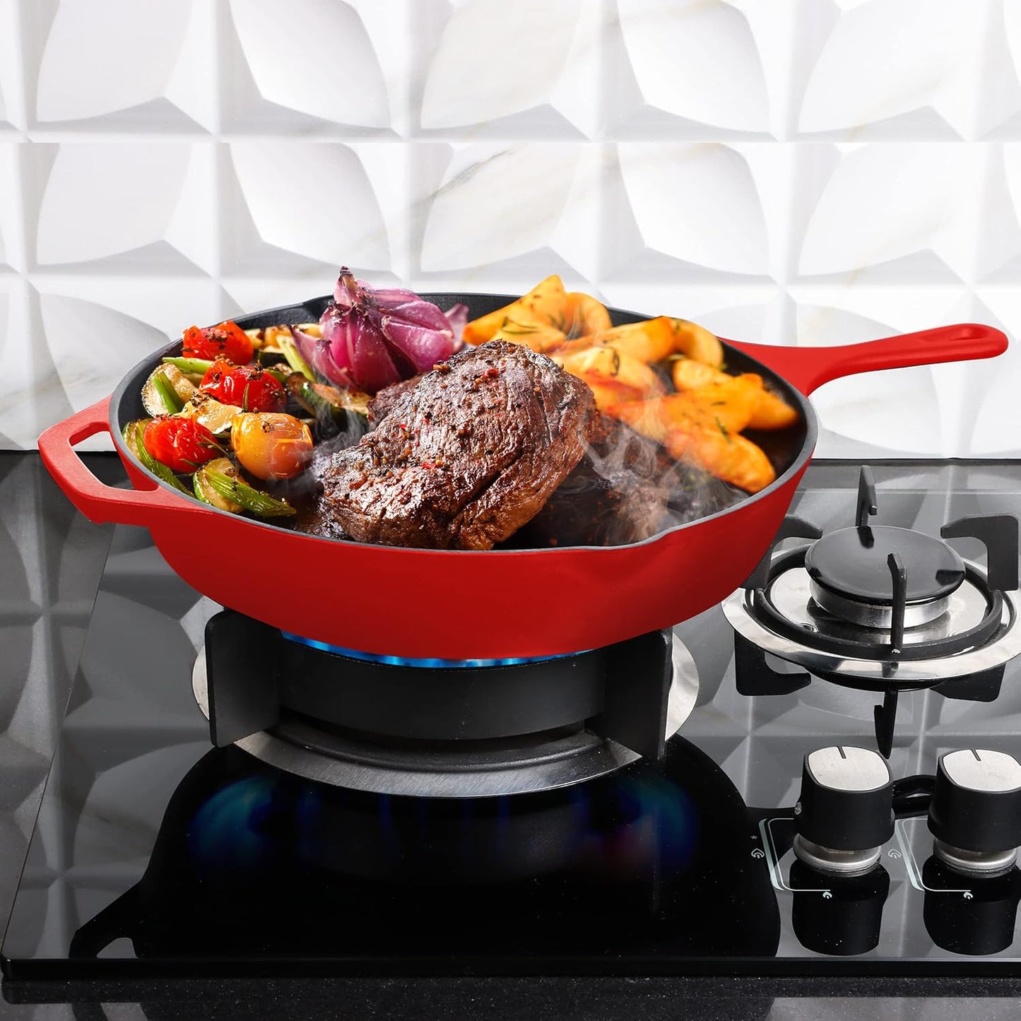 Utopia Kitchen Saute Frying Pan 6.5 Inch, Cast Iron Chefs Pan, Pre Seasoned Cast iron Skillet, Safe Grill Cookware for Indoor & Outdoor Use, Red