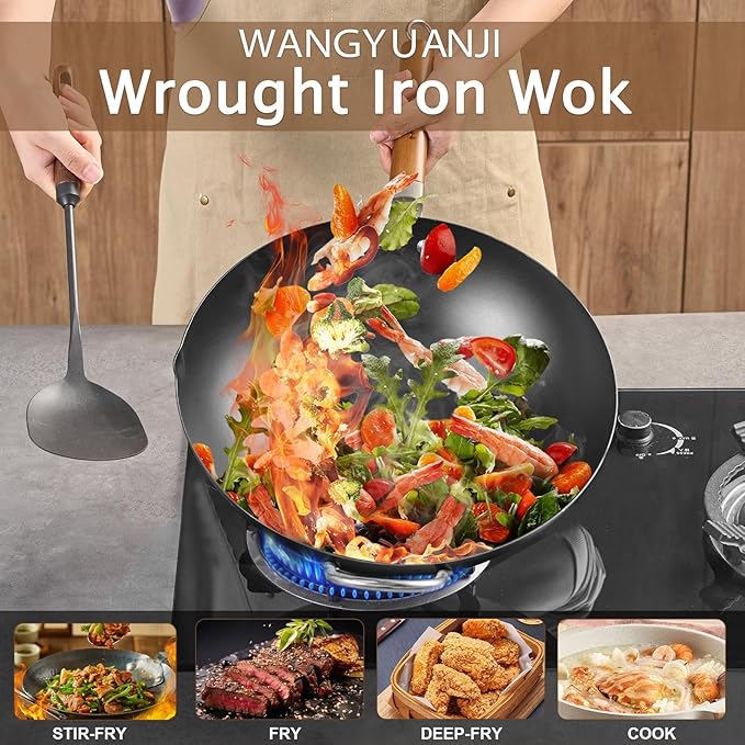 WANGYUANJI 14.2-Inch Pure Iron Wok with Lid, Flat-Bottom Uncoated Stir-Fry Pan for Induction/Gas/Electric, Traditional Chinese Wok with Tempered Glass Lid & Wood Handle