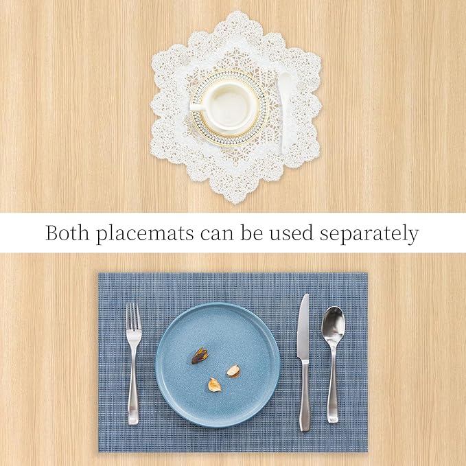 BACKTOEDEN Placemats Set of 6 Heat Resistant Washable Wipeable Placemat Woven Non-Slip Foldable Vinyl/Plastic Place Mats Indoor/Outdoor Mat Kitchen Dining Table Pad, White Snowflake & Blue