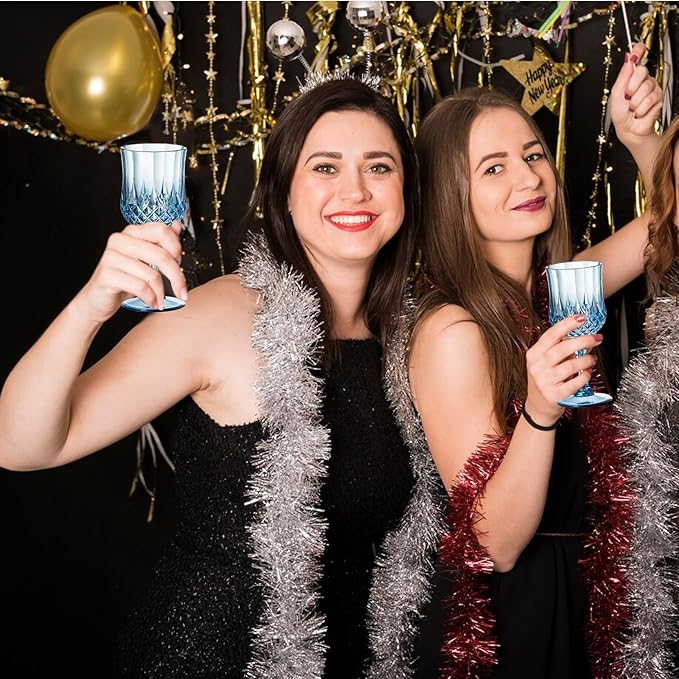 XUWAIDSGN 7oz Plastic Vintage Wine Glasses Drinking Glasses Unbreakable Wedding Glassware Crystal Water Goblets Reusable Drinkware Vintage Champagne Flutes (48, Blue)