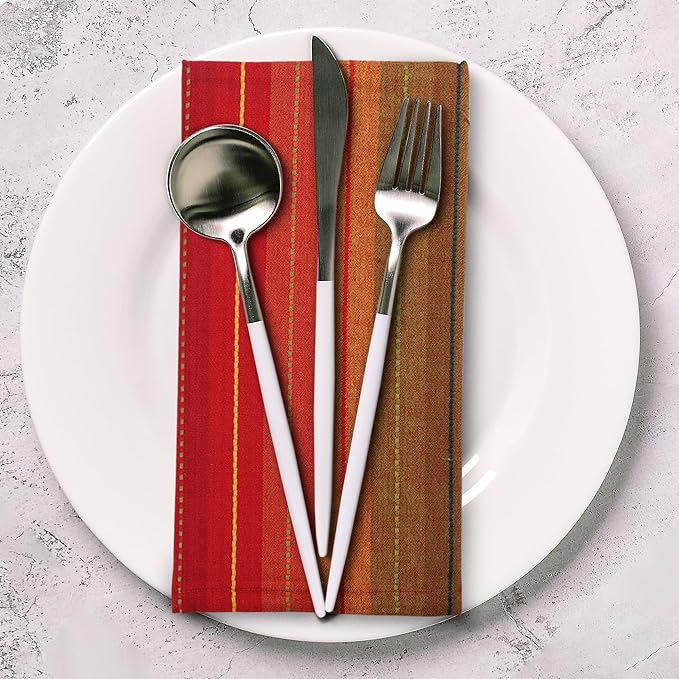 Urban Villa Cloth Napkins Cuisine Stripes 100% Cotton Absorbent Dinner Napkins Set of 12 20x20 Inches Red Multi Color Soft Durable Washable and Reusable Ideal for Everyday Use Wedding Parties Napkins