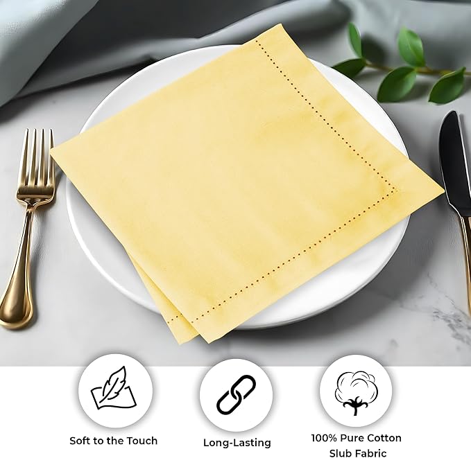 Urban Villa Cloth Napkins Set of 12 20x20 Inches 100% Cotton Hemstitch Napkins Cloth Washable Durable Reusable Absorbent Table Dinner Napkins Cloth for Hotel Lunch Restaurant Weddings Parties – Yellow